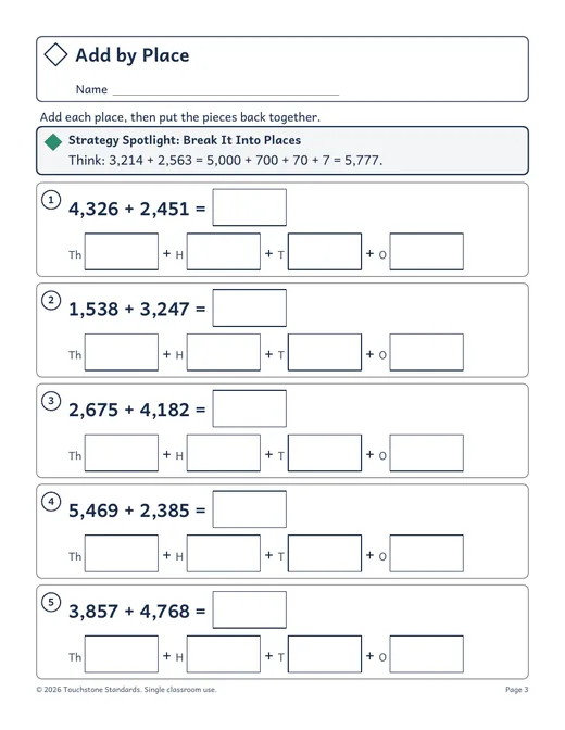 A practice page: Add by Place, with a Strategy Spotlight and boxes for each place value piece